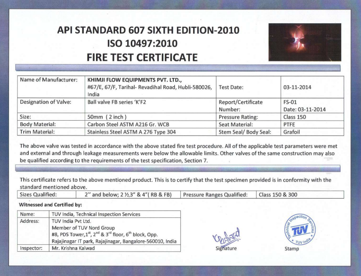 API Standard 607 Fire Safe Certificate Size 50 mm #150