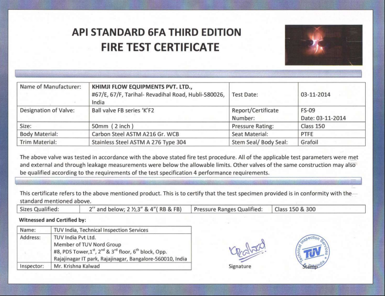 API Standard 6FA Fire Safe Certificate Size 50 mm #150