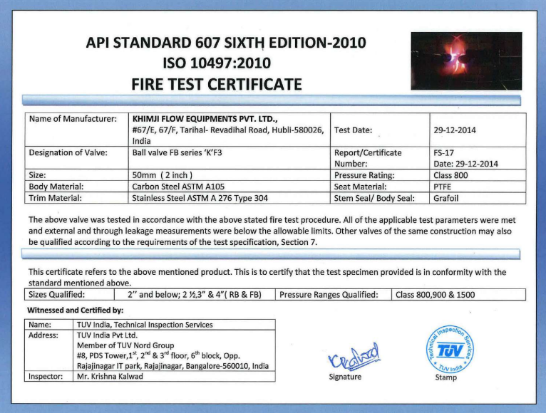 API Standard 607 Fire Safe Certificate Size 50 mm #800