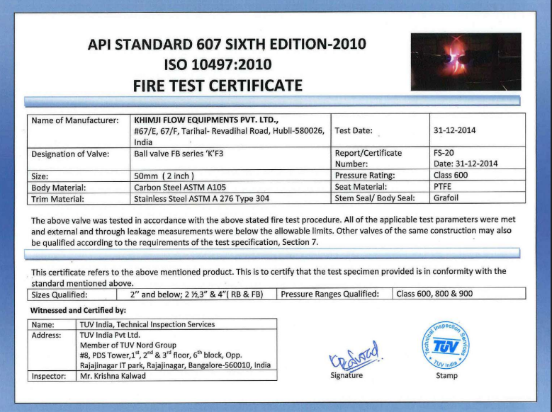 API Standard 607 Fire Safe Certificate Size 50 mm #600