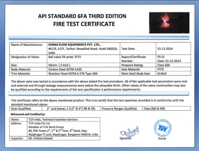 API Standard 6FA Fire Safe Certificate Size 50 mm #600