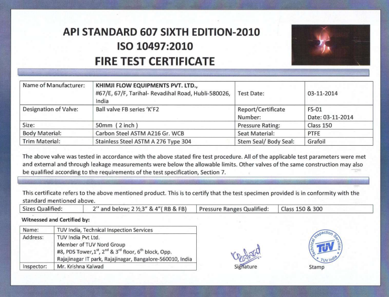 API Standard 607 Fire Safe Certificate Size 50 mm #150